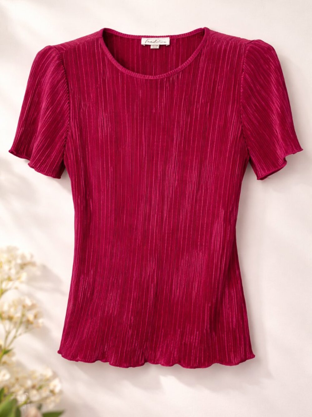 Retro y2k lattice hem satin look crinkle fushia evening wear short sleeve blouse